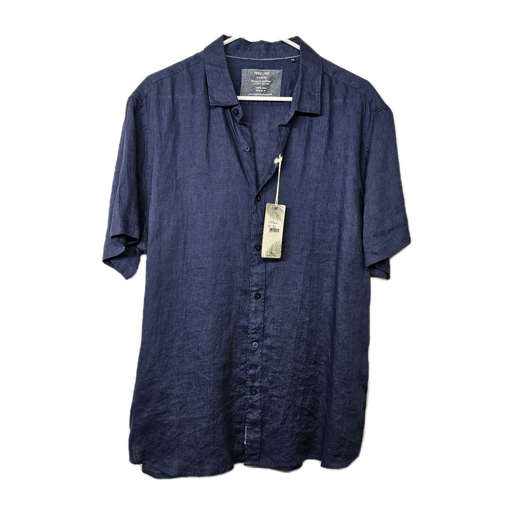 NWT FREE LINE ATHENS Button Down Shirt Men's Large Blue 100% Linen